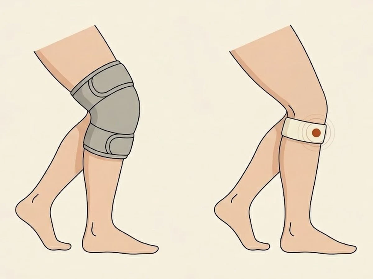 A la izquierda, una rodillera que cubre toda la rodilla; a la derecha, la cinta Pasaleve sujetando solo justo debajo de la rótula